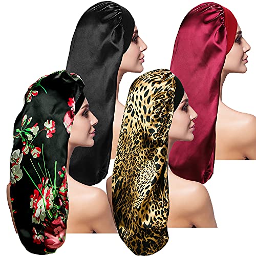 4 Pieces Satin Sleep Cap for Long Hair and Dreadlock, Extra Large 2 PCS Solid...