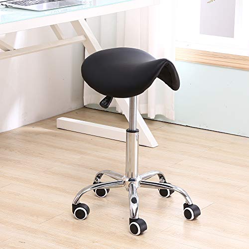 KKTONER Rolling Saddle Stool PU Leather Swivel Adjustable Rolling Stool with ...