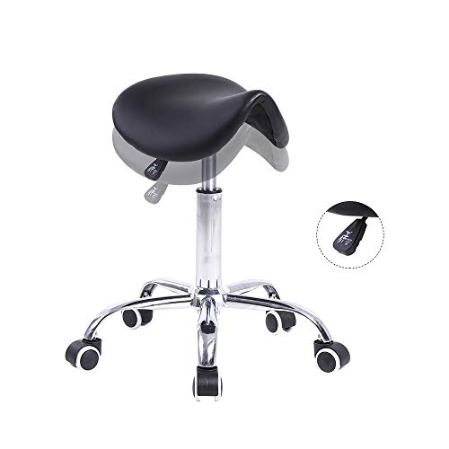 KKTONER Rolling Saddle Stool PU Leather Swivel Adjustable Rolling Stool with ...