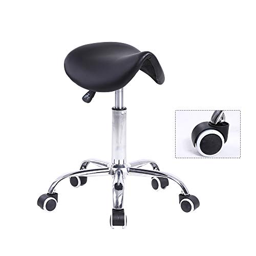 KKTONER Rolling Saddle Stool PU Leather Swivel Adjustable Rolling Stool with ...