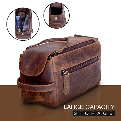 KOMALC Premium Buffalo Leather Unisex Toiletry Bag Travel Dopp Kit