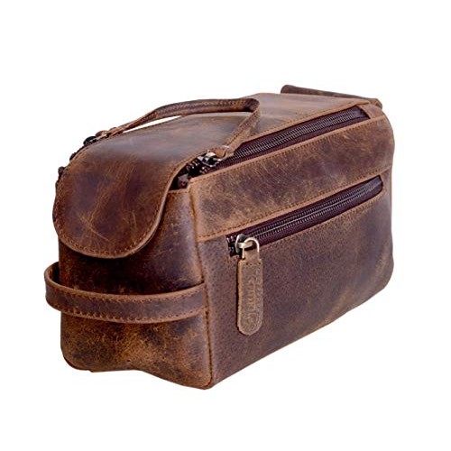 KOMALC Premium Buffalo Leather Unisex Toiletry Bag Travel Dopp Kit