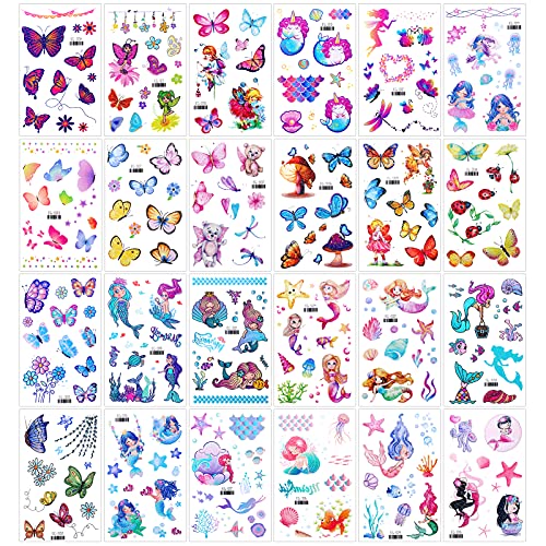 Konsait Glitter Temporary Tattoo for Girls, 24 Sheets Butterfly Mermaid Fairy...