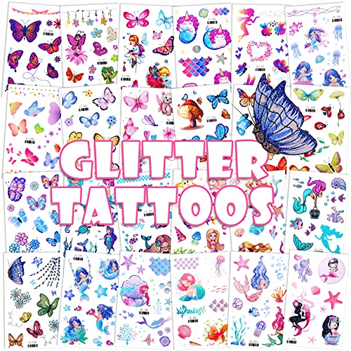 Konsait Glitter Temporary Tattoo for Girls, 24 Sheets Butterfly Mermaid Fairy...