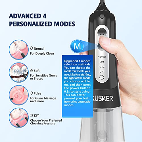 Water Dental Flosser Cordless, KUSKER Portable Oral Irrigator for Teeth, 4 Mo...
