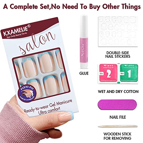KXAMELIE Blue French Tips Press on Nails Short with Designs Square Shape Glue...