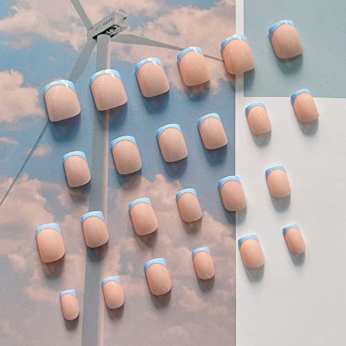 KXAMELIE Blue French Tips Press on Nails Short with Designs Square Shape Glue...