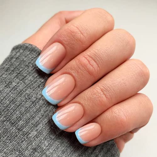KXAMELIE Blue French Tips Press on Nails Short with Designs Square Shape Glue...