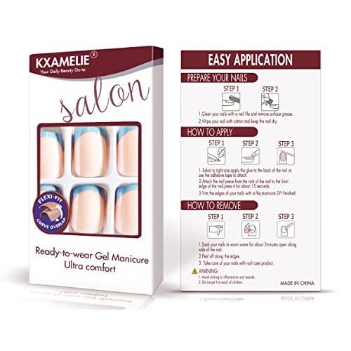 KXAMELIE Blue French Tips Press on Nails Short with Designs Square Shape Glue...