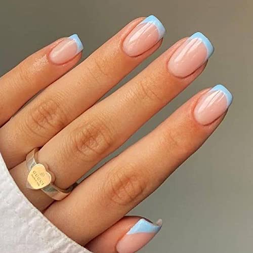 KXAMELIE Blue French Tips Press on Nails Short with Designs Square Shape Glue...