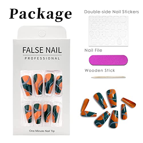 KXAMELIE Glossy Press on Nails Medium with Designs Green Orange Fake Nails Gl...