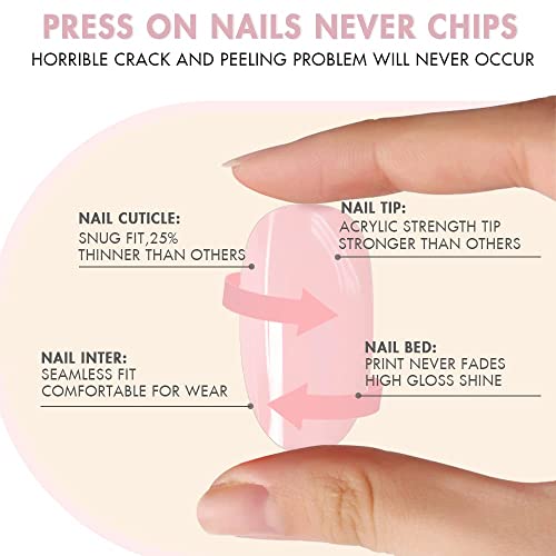 KXAMELIE Glossy Press on Nails Medium with Designs Green Orange Fake Nails Gl...