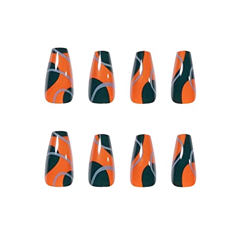 KXAMELIE Glossy Press on Nails Medium with Designs Green Orange Fake Nails Gl...