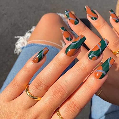 KXAMELIE Glossy Press on Nails Medium with Designs Green Orange Fake Nails Gl...