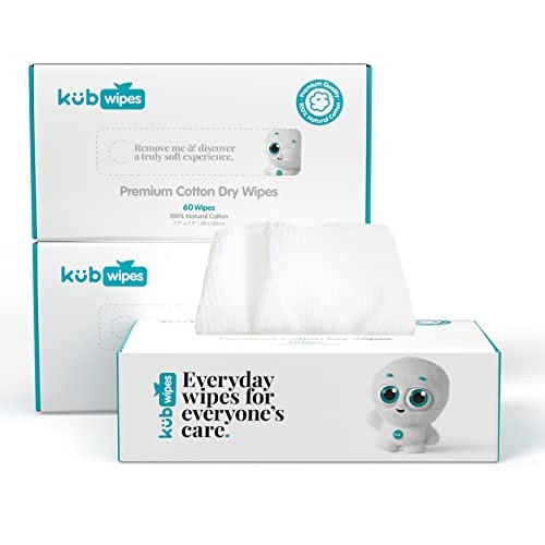 KubWipes | Premium Cotton Dry Wipes | Natural Skin Cleaning Wipes | Soft & Se...