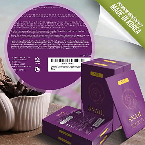 LA PURE Korean Face Mask - Hydrating Sheet Mask, Beauty Snail Mask, Anti-Wrin...