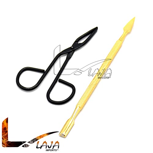 LAJA Imports 2 Pcs Set Gold Cuticle Pusher + Eyebrow Tweezers Scissor Form Bl...