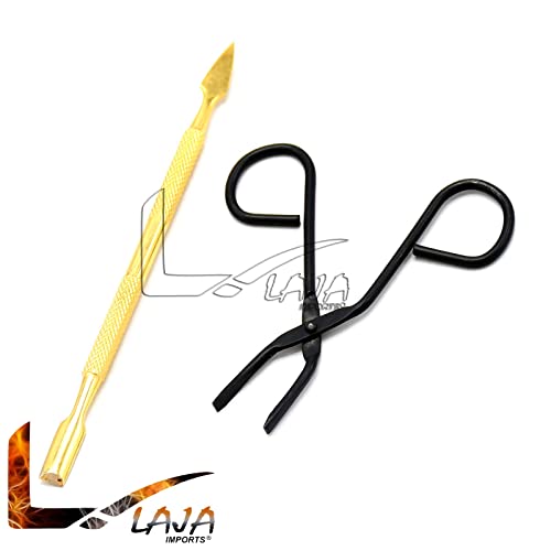 LAJA Imports 2 Pcs Set Gold Cuticle Pusher + Eyebrow Tweezers Scissor Form Bl...