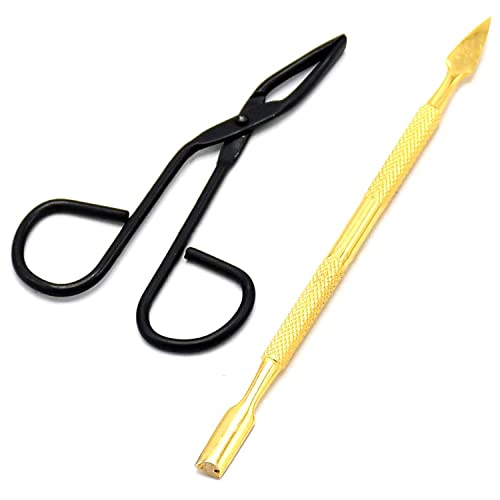 LAJA Imports 2 Pcs Set Gold Cuticle Pusher + Eyebrow Tweezers Scissor Form Bl...
