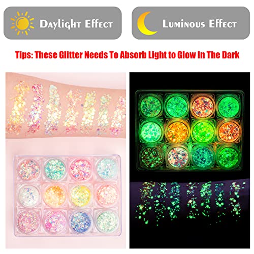 Glow in The Dark Body Face Glitter Gel, 12 Colors Luminous Iridescent Chunky ...