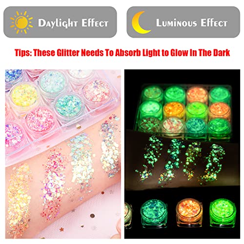 Glow in The Dark Body Face Glitter Gel for Women, 12 Colors Glitter Gel Makeu...