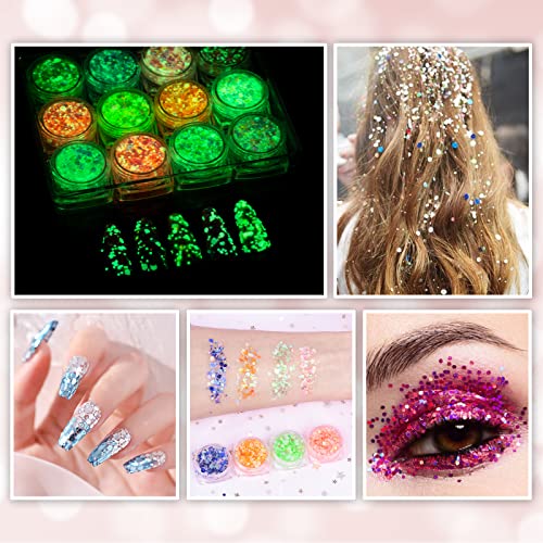Glow in The Dark Body Face Glitter Gel for Women, 12 Colors Glitter Gel Makeu...