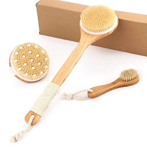 Bath Body Brush Set for Wet or Dry Brushing - Natural Detoxifying Facial Brus...