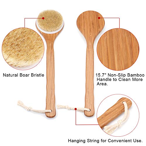 Shower Brush with Natural Bristle - Long Bamboo Handle Bath Body Brush for We...