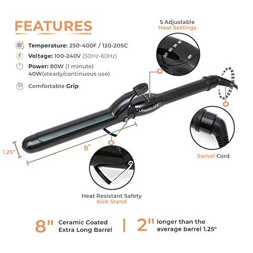 Le Angelique 1.25 Inch Curling Iron with Clip - Professional 8" Extra Large B...