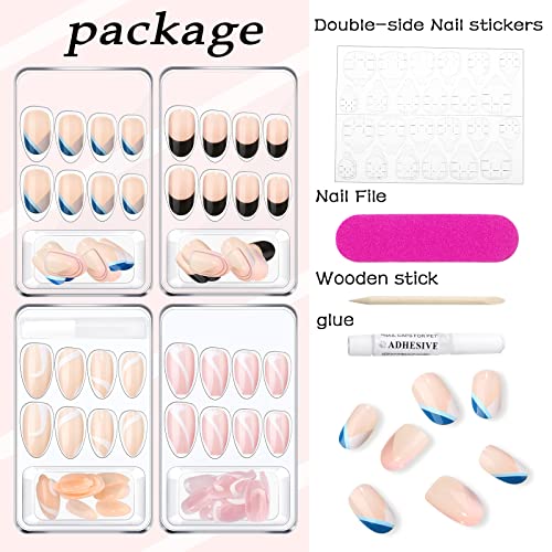 96 PCS Medium Length Almond Press on Nails with Designs Nude White Stripes Ac...