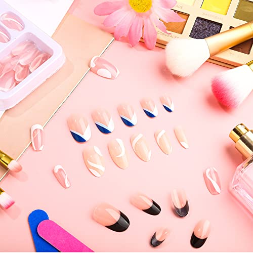 96 PCS Medium Length Almond Press on Nails with Designs Nude White Stripes Ac...