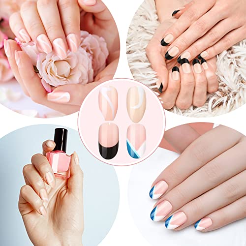 96 PCS Medium Length Almond Press on Nails with Designs Nude White Stripes Ac...