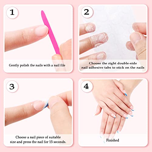 96 PCS Medium Length Almond Press on Nails with Designs Nude White Stripes Ac...