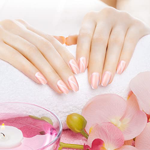 96 PCS Medium Length Almond Press on Nails with Designs Nude White Stripes Ac...