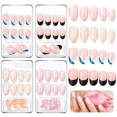 96 PCS Medium Length Almond Press on Nails with Designs Nude White Stripes Ac...