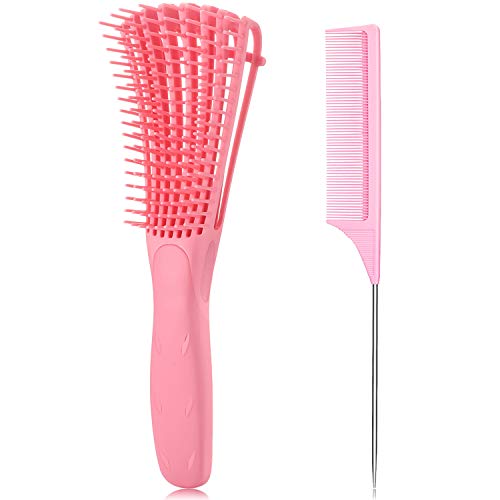 2 Pieces Detangler Brush 4c Hair Set with Rat Tail Comb for Curly Hair Detang...