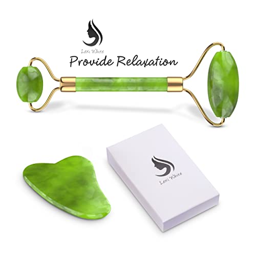 Jade Roller for Face, Jade Gua Sha 2 in 1 Set Gua Sha SkinCare Face Roller, G...