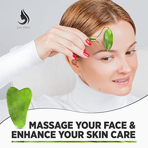 Jade Roller for Face, Jade Gua Sha 2 in 1 Set Gua Sha SkinCare Face Roller, G...
