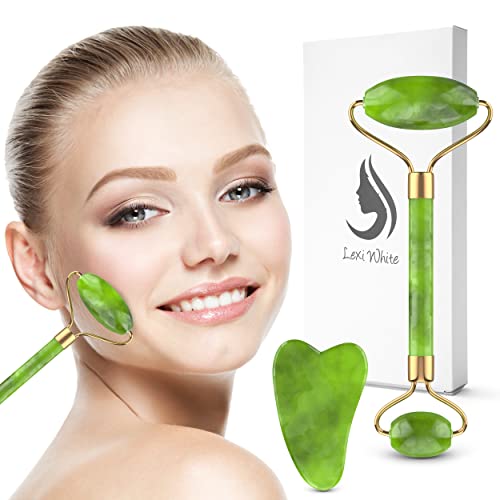 Jade Roller for Face, Jade Gua Sha 2 in 1 Set Gua Sha SkinCare Face Roller, G...