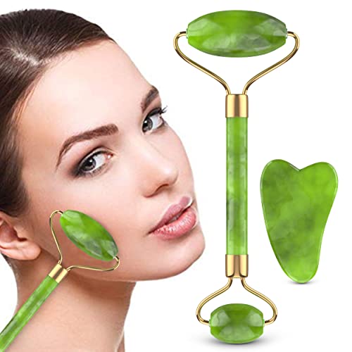 Jade Roller for Face, Jade Gua Sha 2 in 1 Set Gua Sha SkinCare Face Roller, G...