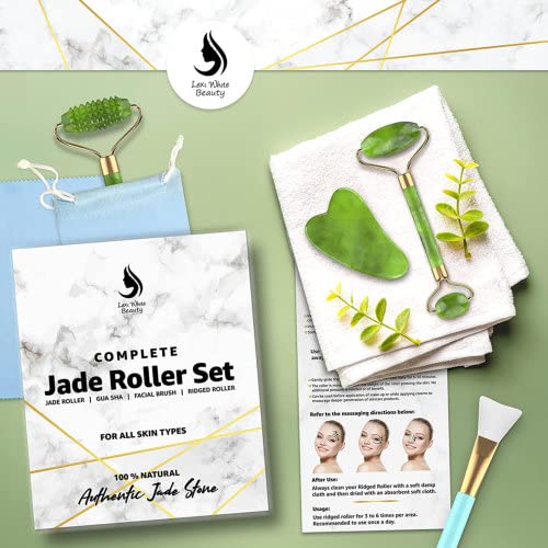 Jade Roller for Face, Jade Gua Sha 4 in 1 Set Gua Sha SkinCare Face Roller, G...