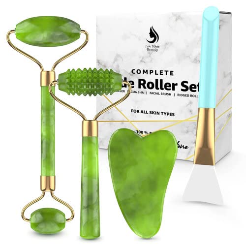 Jade Roller for Face, Jade Gua Sha 4 in 1 Set Gua Sha SkinCare Face Roller, G...