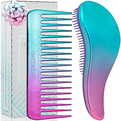 Detangler Brush and Comb Set - Detangling Hairbrush for Women and Kids Detang...