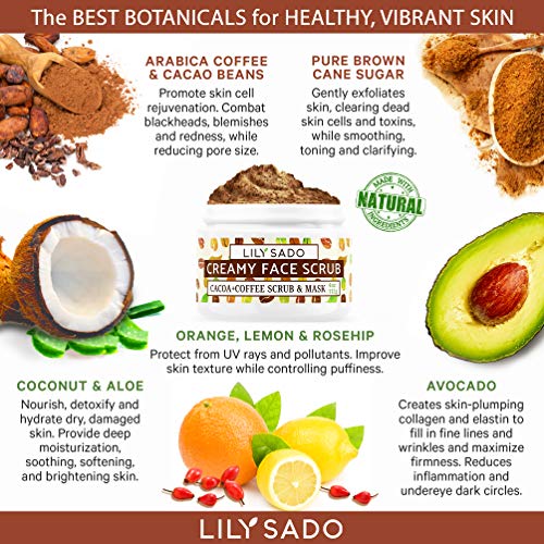 COCOA + COFFEE Creamy Face Scrub - Best Exfoliating VEGAN Facial Cleanser for...