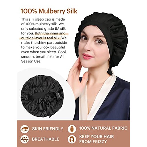 LilySilk 100% Mulberry Silk Bonnet, 19 Momme Silk Night Sleep Cap Adjustable ...