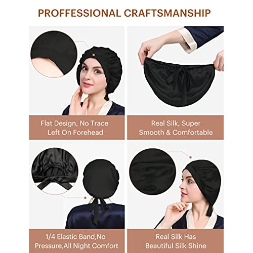LilySilk 100% Mulberry Silk Bonnet, 19 Momme Silk Night Sleep Cap Adjustable ...