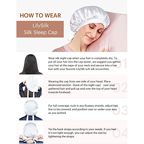LilySilk 100% Mulberry Silk Bonnet, 19 Momme Silk Night Sleep Cap Adjustable ...