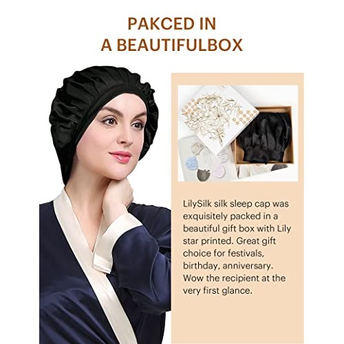 LilySilk 100% Mulberry Silk Bonnet, 19 Momme Silk Night Sleep Cap Adjustable ...