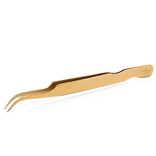 LivBay Lash - Gold Crush Tweezer, Curved Perfect Pointed Tip Tweezers for Eye...