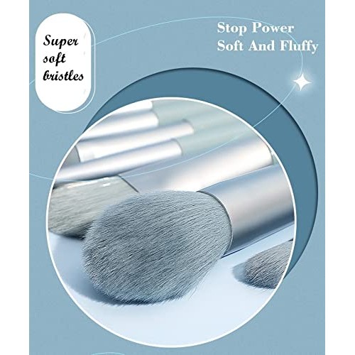 Soft Blue Makeup Brush Set Premium Synthetic Foundation Brushes with Silicone...